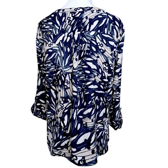 JM COLLECTION Blouse Top Petite XL 3/4 Sleeves‎ Career Office Flowy V-Neck Blue - Picture 2 of 9